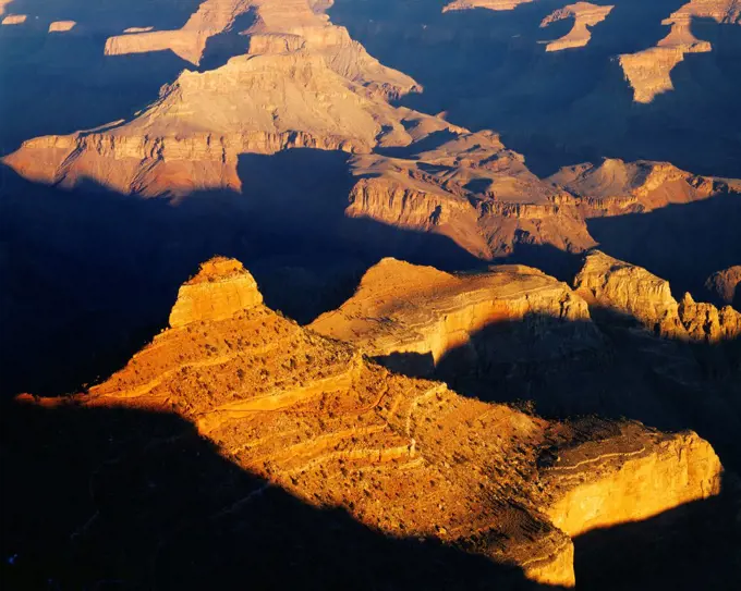 The Grand Canyon viewed from just east of Yaki Point on the South Rim, the Kaibab Trail can be seen winding around O'Neill Butte, Grand Canyon National Park, Arizona.