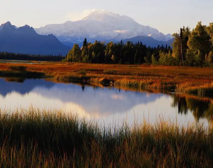 South side of Denali or Mount McKinley reflected in Moosemeyer Lake, Denali State Park, Alaska.