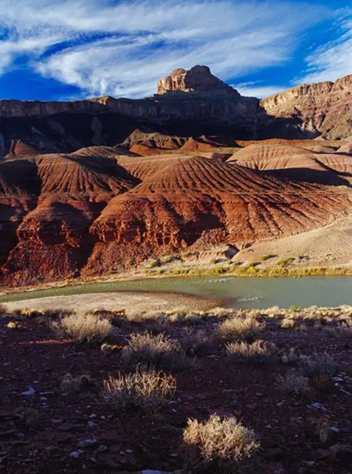 Eroded red shale of the Dox Formation beyond the Colorado River below Cardenas Creek, Grand Canyon National Park, Arizona.