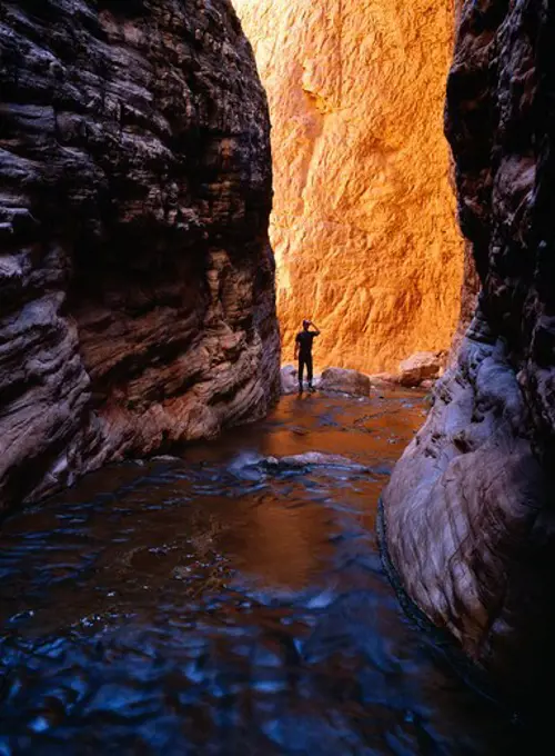 Hiker standing between towering canyon walls above Stone Creek, Grand Canyon National Park, Arizona.