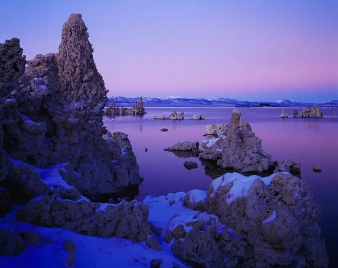 Tufa towers along the shore of Mono Lake at dusk, Mono Lake Tufa State Reserve and Mono Basin National Forest Scenic Area, Inyo National Forest, California.