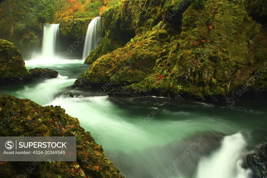 Fall Color Over Spirit Falls Along the Little White Salmon River in The Columbia River Gorge in Washington