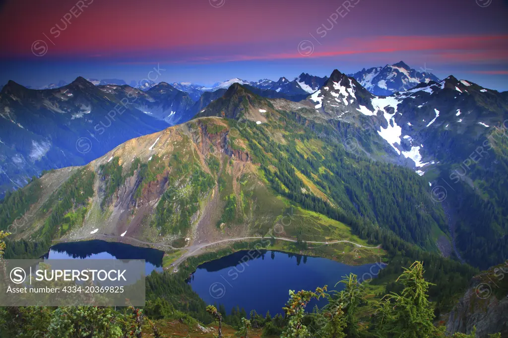 Sunset aplenglow Over Twin Lakes and Mt Shuksan From the Winchester Mountain Lookout in The Mt Baker Wilderness of Washington