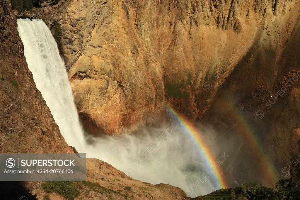 Double Rainbow and Lower Yellowstone Falls in the Grand Canyon of the Yellowstone In Yellowstone National Park in Wyoming