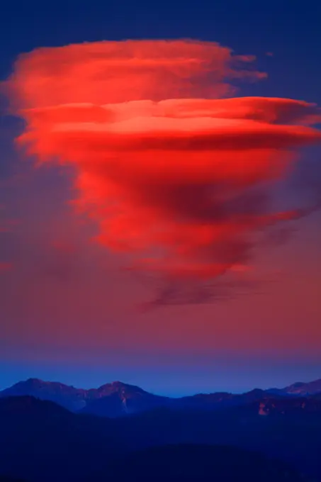 Lenticular clouds forming from the Evergreen Mountain Lookout, Wild Sky Wilderness, Mt Baker-Snoqualmie National Forest, Washington State, USA