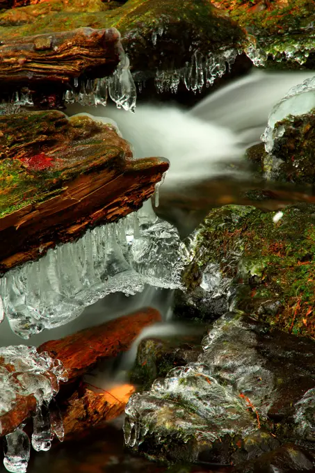 USA, Washington, Ice adds wintery feel to Small Falls in Wallace Falls State Park