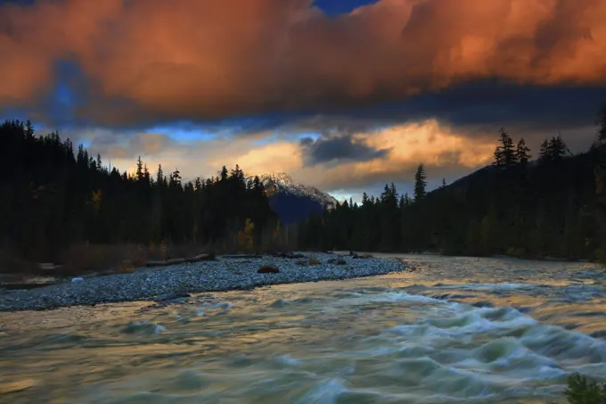 Sunset Clouds Over the Cle Elum River in the Wenatchee National Forest in Washington