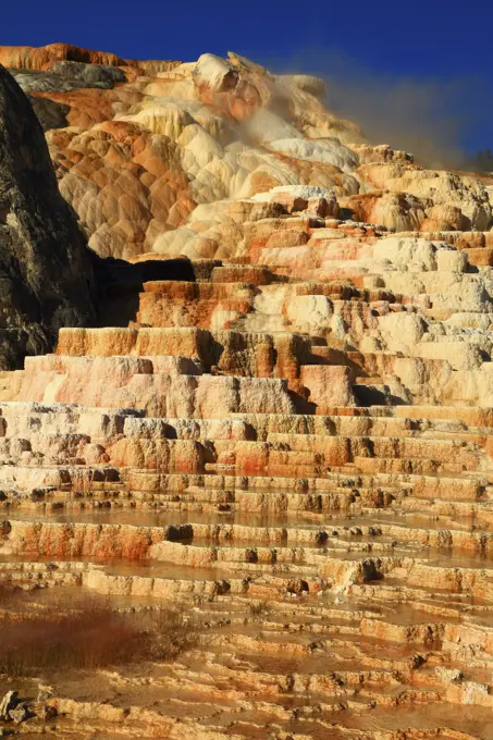 The TravertineTerraces and Pools of Mammoth Hot Springs in Yellowstone National Park in Wyoming