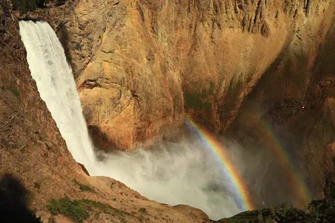 Double Rainbow and Lower Yellowstone Falls in the Grand Canyon of the Yellowstone In Yellowstone National Park in Wyoming