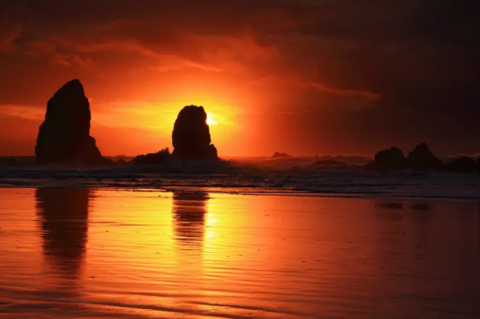 Sunset and The Needles on Cannon Beach