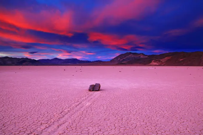 Sunset on The Incredible Moving Rocks on The Racetrack Playa in Death Valley