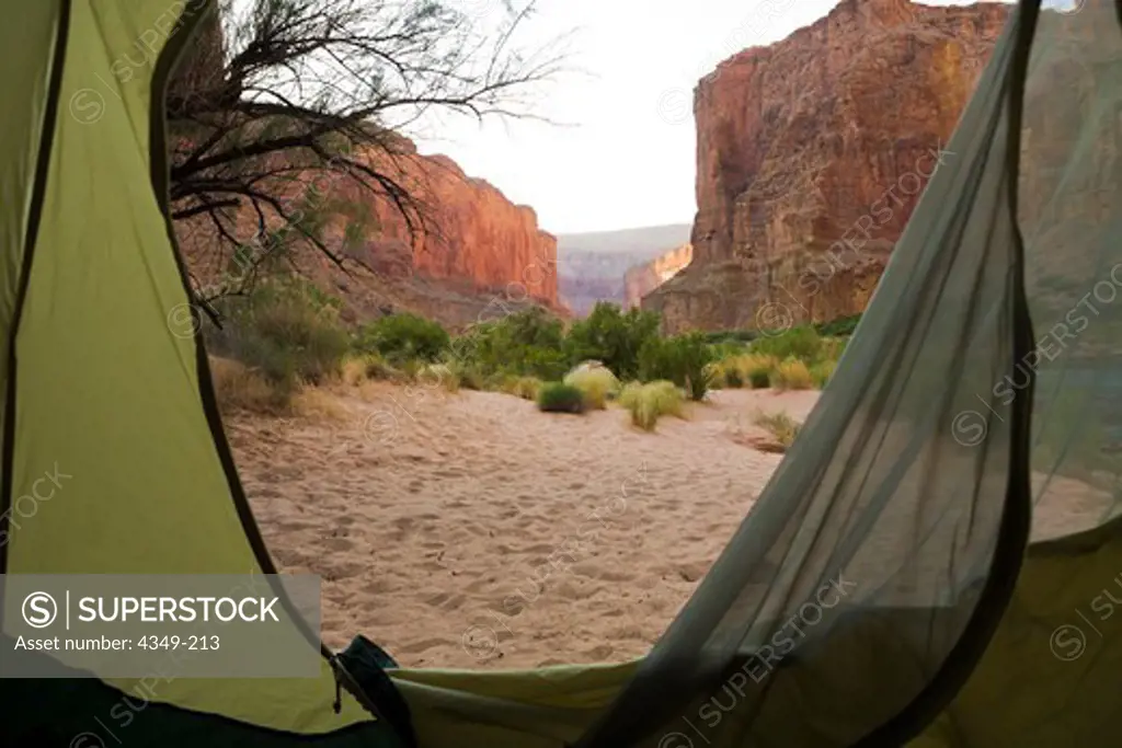 USA, Arizona, Grand Canyon, View of canyon from inside tent