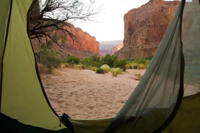 USA, Arizona, Grand Canyon, View of canyon from inside tent