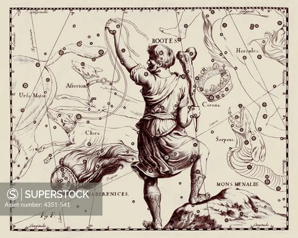 A representation of the constellation of Bootes from the 'Firmamentum Sobiescianum sive Uranographia' of Johannes Hevelius of Danzig (modern Gdansk), 1687.