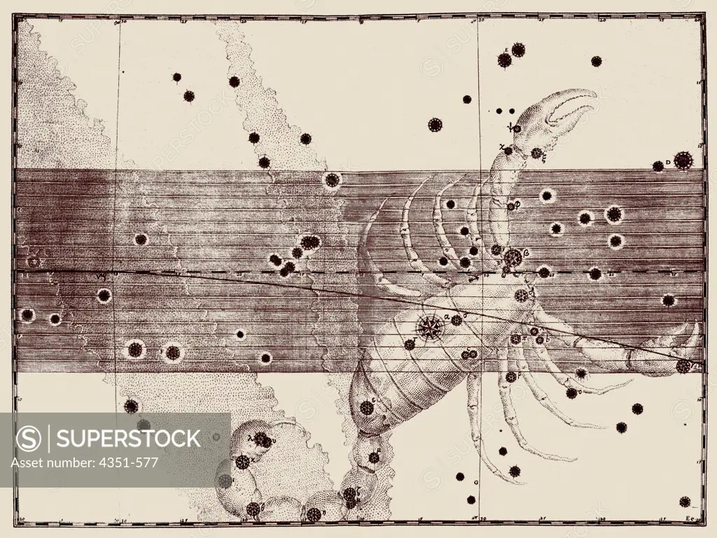 A representation of the Zodiacal constellation of Scorpius or Scorpio, the Scorpion, from the 'Uranometria' of Johann Bayer, published 1603, and engraved by Alexander Mair. This was the first modern Western star atlas based on new astronomy of Tycho Brahe and Johannes Kepler.