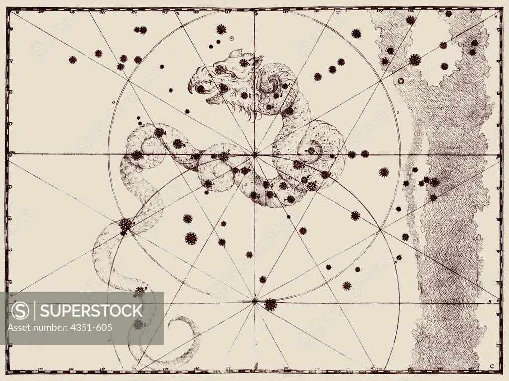 A representation of the constellation of Draco the Dragon from the 'Uranometria' of Johann Bayer, published 1603, and engraved by Alexander Mair. This was the first modern Western star atlas based on new astronomy of Tycho Brahe and Johannes Kepler.