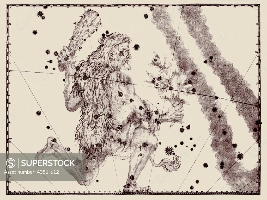 A representation of the constellation of Hercules from the 'Uranometria' of Johann Bayer, published 1603, and engraved by Alexander Mair. This was the first modern Western star atlas based on new astronomy of Tycho Brahe and Johannes Kepler.