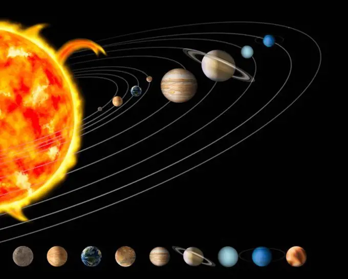 Digital Illustration of the Sun and Nine Planets of Our Solar System