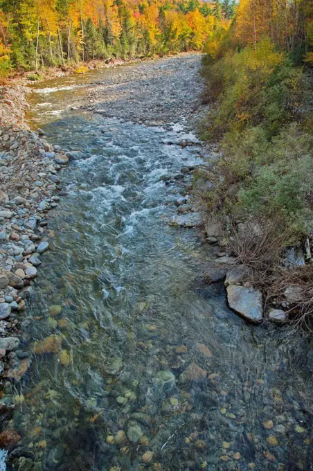 USA, New Hampshire, White Mountains, Sargent's Purchase, View of Ammonoosuc River.The Ammonoosuc rises on the western slope of Mount Washington, in Sargent's Purchase in the White Mountains of southern Coos County. The Ammonoosuc River is a river, 55 mi (89 km) long, in northwestern New Hampshire. 'Ammonoosuc' is Abnaki for 'small, narrow fishing place'.