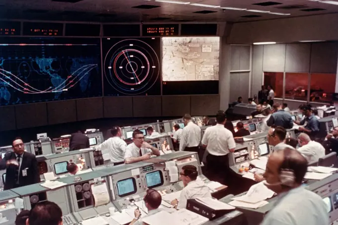 A view of the Mission Operations Control Room (MOCR) at NASA/JSC, circa 1966, during a Gemini mission, possibly Gemini 3.