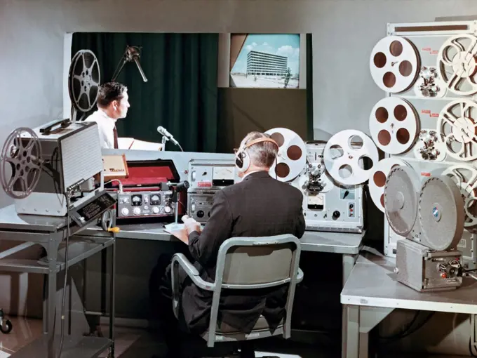 State of the art voice and recording studios for film work, scoring, dubbing and interlock playback, circa 1964.