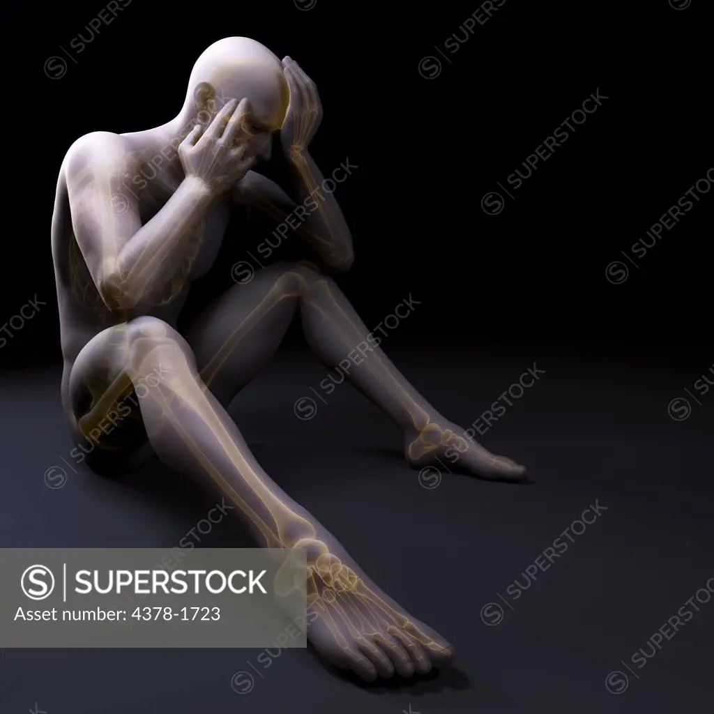 Anatomical model showing the skeletal alignment of a human bent over and  sitting in position conveying a depressed state. - SuperStock