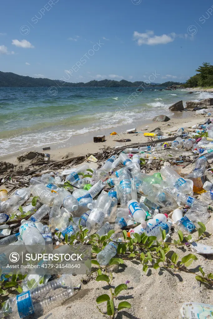 Plastic pollution along the coast near Kota Kinabalu, Sabah, Malaysia.