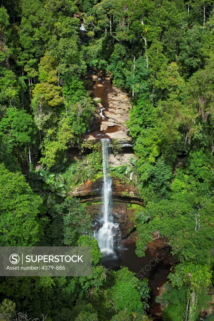 An aerial view of the Takob-Akob waterfall in the Maliau Basin, Sabah, Borneo, East Malaysia.