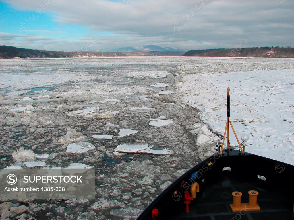 NEW YORK--The crew of the Coast Guard Cutter Morro Bay work to maintain a navigable track through re-frozen brash ice on the Esopus Meadows section of the Hudson River Tuesday Jan. 5, 2010.  The Coast Guard Cutter Morro Bay is a 140-foot Bay Class cutter used primarily for ice breaking operations. The cutter is one five Coast Guard assets assigned to break ice on the Hudson River throughout the season.