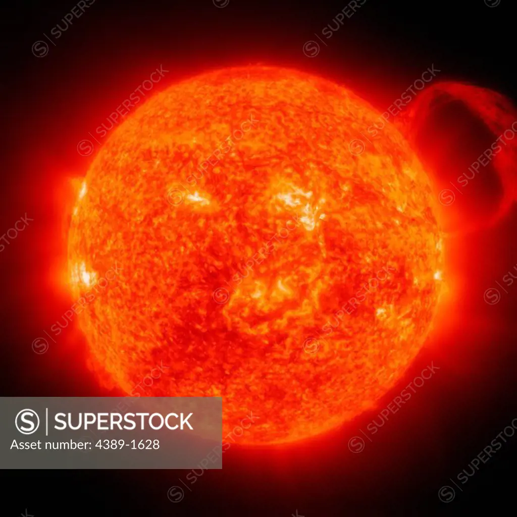 A large solar prominence erupts from the Sun in this Solar and Heliospheric Observatory (SOHO) image, in extreme ultraviolet light emitted by doubly ionized helium at 304 angstroms. The prominence extends 30 Earth diameters from the Sun's surface.