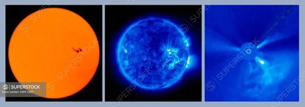 A trio of images showing activity at Active Region 652 on the Sun.  At left are a pair of large sunspots in visible light, which correspond to an image of the Sun taken by the Extreme ultraviolet Imaging Telescope (EIT) of the Solar and Heliospheric Observatory (SOHO) at 171 angstroms (blue) shows loops and other structures indicative of magnetic activity. And a (Large Angle and Spectrometric Coronagraph) LASCO C2 coronagraph (right) shows the largest coronal mass ejection from AR 652.