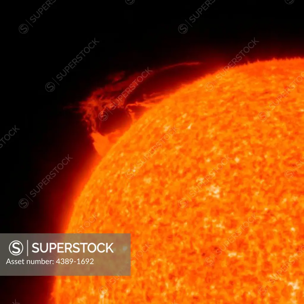 The Solar Terrestrial Relations Observatory (STEREO) spacecraft Ahead observed in the 304 Angstrom wavelength an eruptive solar prominence on the edge of the Sun using its Extreme Ultraviolet Imager (EUVI).