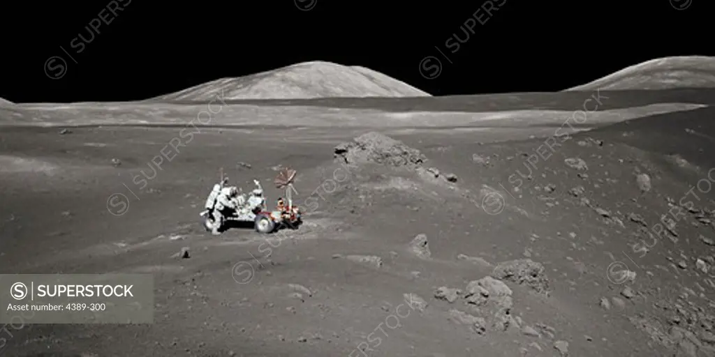 An Apollo 17 Astronaut and Lunar Rover in a Moon Valley