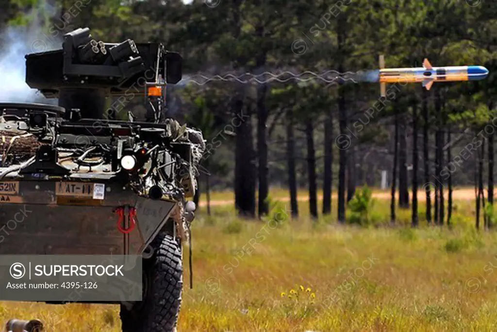 FORT POLK, La. - A Stryker vehicle belonging to the 4th Stryker Brigade Combat Team, 2nd Infantry Division, based out of Ft. Lewis, Wash., fires a tube-launched, optically-tracked, wire-guided missile at a range during the brigade's rotation through Fort Polk's, Joint Readiness Training Center. (US Army photo by Pfc. Victor J. Ayala, 49th Public Affairs Detachment (Airborne))