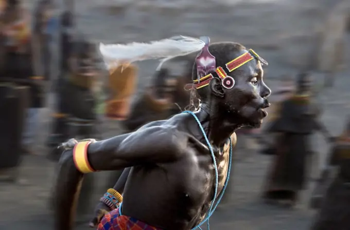 Turkana man dancing, Northern Kenya