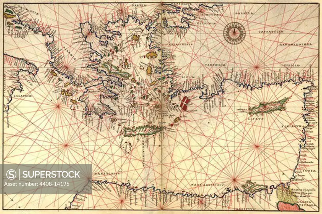 Portolan or Navigational Map of Greece, the Mediterranean and the Levant, Portolan Maps