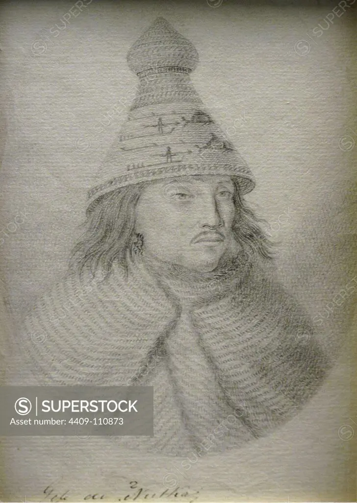 'Maquinna, chief of the Nuu-chah-nulth people of Nootka Sound' - Malaspina Expedition, 1789-1794, Drawing, 18,5 x 12,5 cm. Author: TOMAS SURIA (1761-1844). Location: MUSEO DE AMERICA-COLECCION. MADRID. SPAIN. MACUINA.