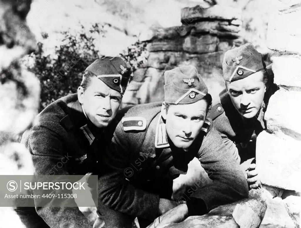 ERROL FLYNN, ARTHUR KENNEDY and RONALD REAGAN in DESPERATE JOURNEY (1942), directed by RAOUL WALSH.