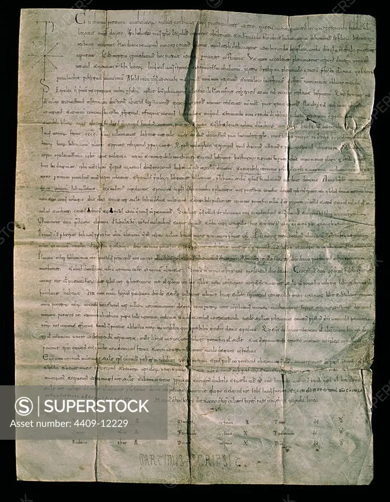 AUTOGRAFO DEL CID DEL AÑO 1098 (2ªLINEA ABAJO) EN EL CONCEDE CONCEDE ALDEAS A GERONIMO OBISPO DE VALENCIA - MANUSCRITO SIGLO XI. Location: CATEDRAL VIEJA. SALAMANCA. SPAIN.