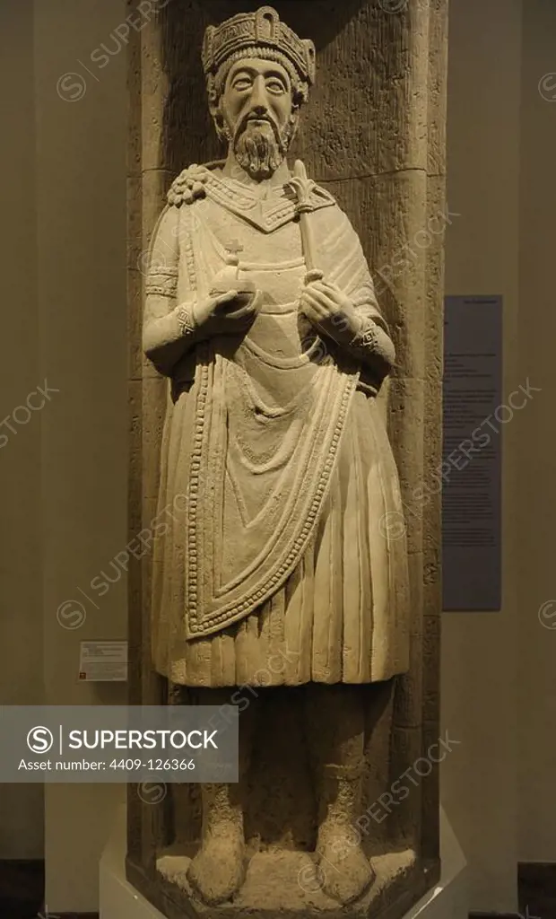 Charlemagne (742-814). King of the Franks. Stone sculpture. 9th century. From the Abbey of Saint John, Mustair, Switzerland. German Historical Museum. Berlin. Germany.