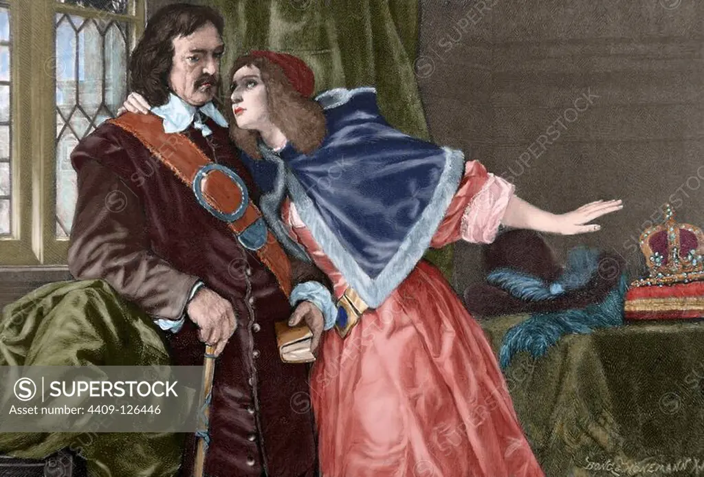 Oliver Cromwell (1599-1658). English military and political. Cromwell with his second daughter, Elizabeth Claypole (1629-1656). Engraving The Artistic Illustration,1885. Colored.