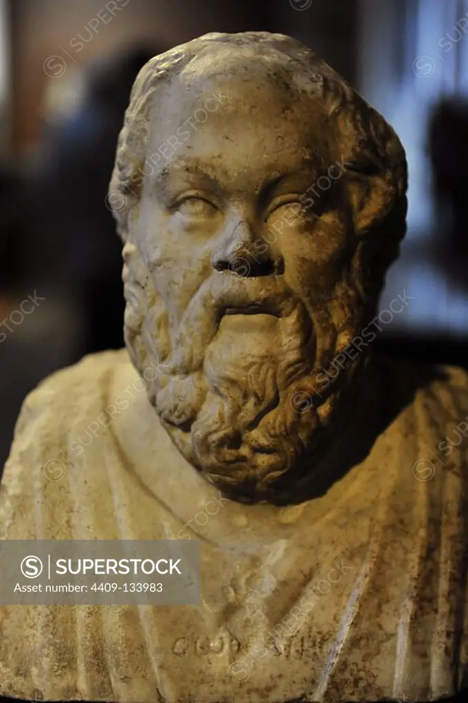 Socrates (470-399 BC). Athenian philosopher. Detail of the Double Herm of Socrates and Seneca. Ancient Roman statue from the first half of the 3rd century AD. Marble. Portraits are coupled in double herm by later roman copyst. Neues Museum (New Museum). Berlin, Germany.