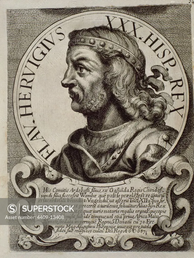 ERVIGIO (-687) REY DE LOS VISIGODOS ENTRE LOS AÑOS 680 Y 687 - EFFIGIES ET SERIES REGUM HISPANIAE - GRABADO SIGLO XVII. Author: WESTERHOUT ARNOLDO VAN. Location: BIBLIOTECA NACIONAL-COLECCION. MADRID. SPAIN.