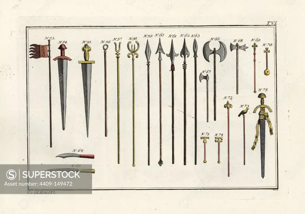 Anglo Saxon flag 53, swords 54,55, slingshot 56, magisterial staffs 57,58, 74, lances 59-63, daggers 64,65, double headed axe of the Danes called a Bipennis 66, Danish axes 67,68, Anglo Saxon scepters 69-73, and an Anglo Saxon sword with bejeweled handle and scabbard 75. Handcoloured copperplate engraving by Paul Weindl from Robert von Spalart's "Historical Picture of the Costumes of the Principal People of Antiquity and of the Middle Ages," Chez Collignon, Metz, 1810.