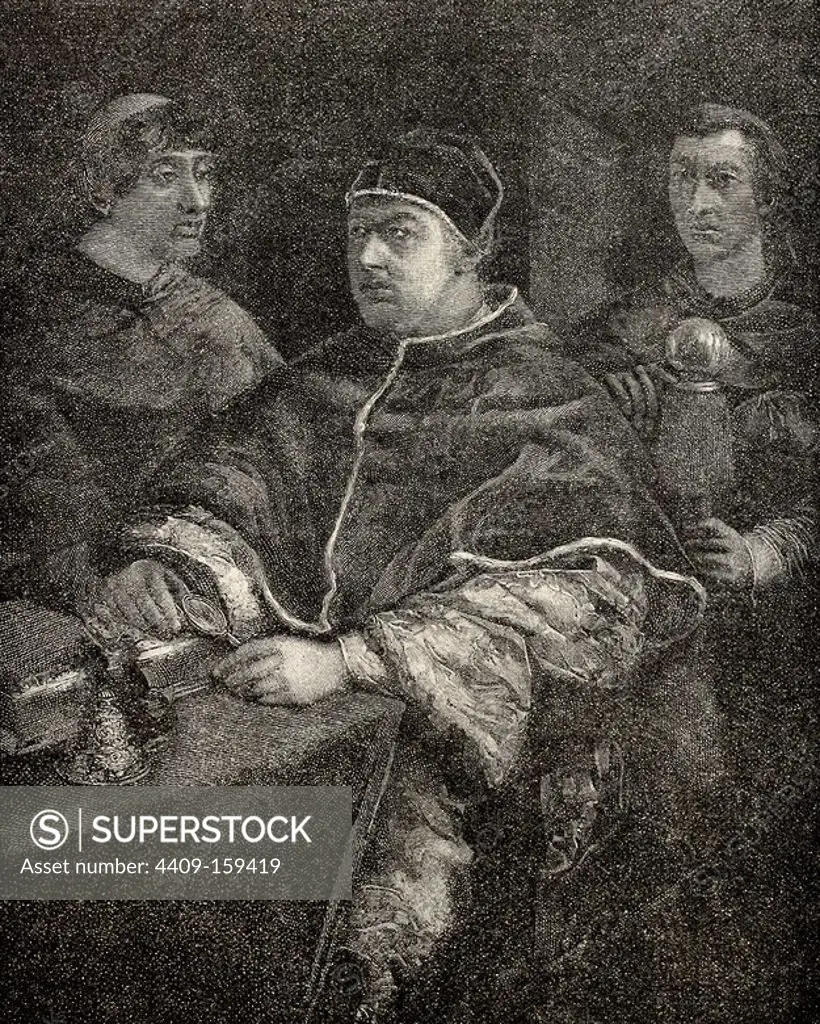 LEON X (Florencia, 1475-Roma, 1521). Papa florentino (1513-21), de nombre Giovanni de Medici. Hijo de Lorenzo el Magnífico y promovido al cardenalato (1489). Fue hecho prisionero por los franceses (1511). Prosiguió las tareas del V concilio de Letrán. "EL PAPA LEON X ACOMPAÑADO DE SUS CARDENALES MEDICIS Y ROSSI". Grabado.