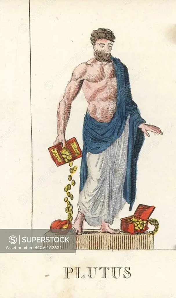 Plutus or Pluotos, Greek and Roman god of wealth, with boxes of gold coins. Handcoloured copperplate engraving engraved by Jacques Louis Constant Lacerf after illustrations by Leonard Defraine from "La Mythologie en Estampes" (Mythology in Prints, or Figures of Fabled Gods), Chez P. Blanchard, Paris, c.1820.