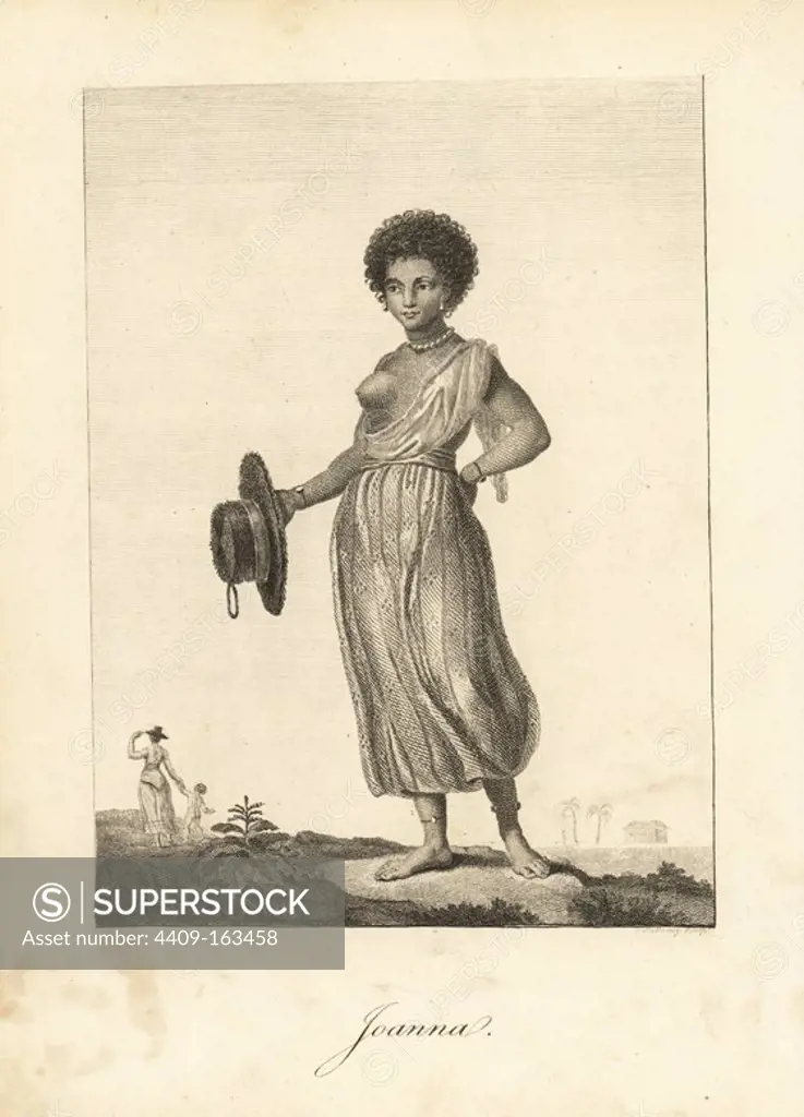 Joanna, a mulatto slave who became Stedman's wife. She wears a petticoat, pearl necklace, earrings, bracelets and anklets, and carries a straw hat. Copperplate engraving by J. Holloway fter an original illustration by Captain John Gabriel Stedman from his "Narrative of a Five Years' Expedition against the Revolted Negroes of Surinam," J. Johnson, London, 1813.