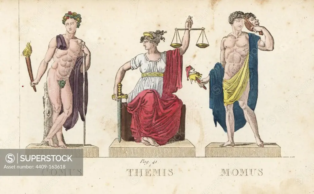 Comus, Themis and Momus, Greek gods of festivity, divine law and satire. Handcoloured copperplate engraving engraved by Jacques Louis Constant Lacerf after illustrations by Leonard Defraine from "La Mythologie en Estampes" (Mythology in Prints, or Figures of Fabled Gods), Chez P. Blanchard, Paris, c.1820.