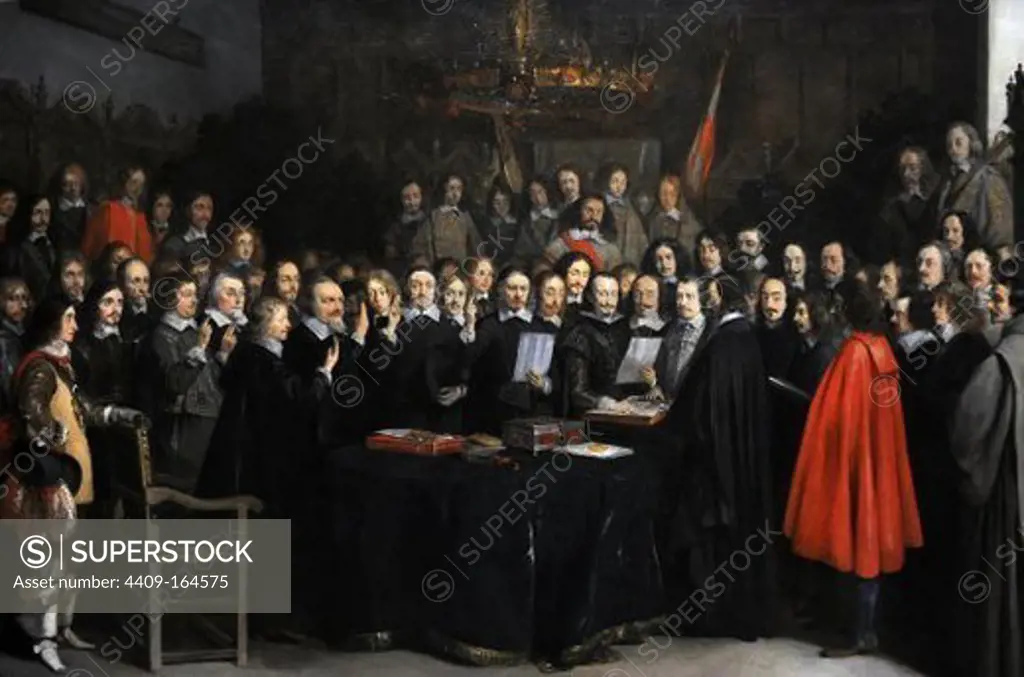 PAZ DE WESTFALIA (Dos tratados de paz de Osnabrück y Münster, 1648), donde finalizó la Guerra de los 30 años en Alemania y la Guerra de los 80 años entre España-Paises Bajos. "EL JURAMENTO DE RATIFICACION DEL TRATADO DE MÜNSTER" 24 de octubre de 1648. 86 personas integran este retrato colectivo en el Ayuntamiento, con los seis delegados holandeses situados detrás de la mesa. Frente a éstos dos, dos españoles y un franciscano. En el Extremo izquierdo, un autorretrato del pintor Gerard ter Borch. 