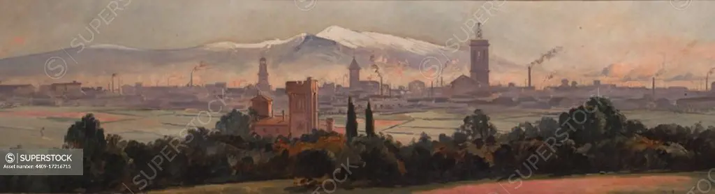 Joan Vila i Cinca / "View of Sabadell", 1910, Painting (oil on canvas), 55 × 512 cm. Museum: Museo de arte de Sabadell, Sabadell, Barcelona, Cataluña, España.